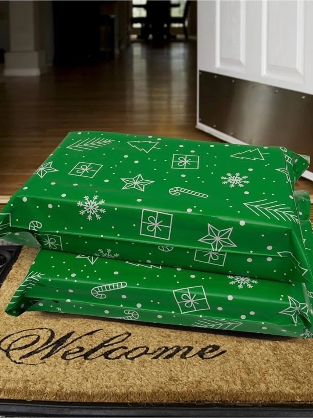 Green Holiday Polymailer Bags with White Festive Icons
